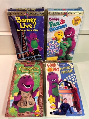 Barney 4 VHS Lot, Live!, Fun & Games, Campfire Sing-Along, Good Day Good Night