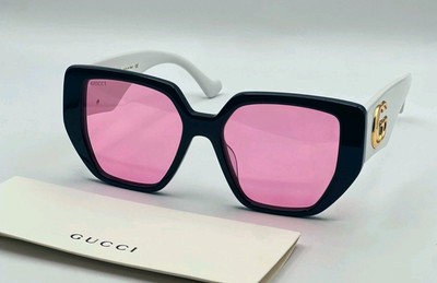 Gucci GG0956S 002 Sunglasses Pink Lens Black White Frame Square
