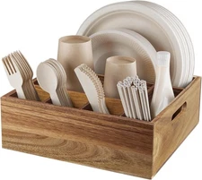 Acacia Wood Utensil Holder for Party - Paper Plate Organizer for Countertop 