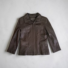 Vintage Brown Leather Jacket Soft Lambskin Women Small Brown Y2K Full Zip
