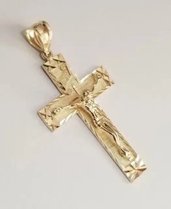 Authentic 14K Yellow Gold Plated Religion Diamond Cut Jesus INRI Cross Crucifix Pendant
