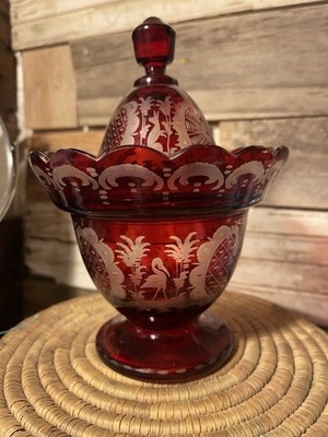 Eggerman Bohemian Ruby Red Cut To Clear Etched Glass Vase Deer Crane 7''