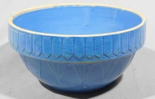 Antique blue stoneware mixing bowl Ruckels pottery picket fence inverted pyramid