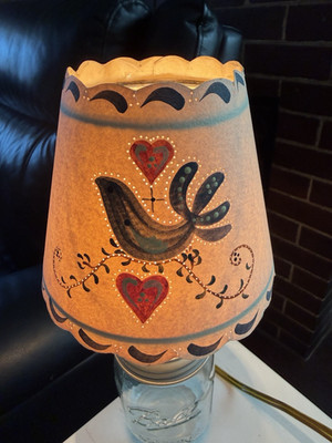 Clip-On Bell Lamp Shade, Folk Art Birds & Hearts, Mason Jar Lamp Cottage grandma