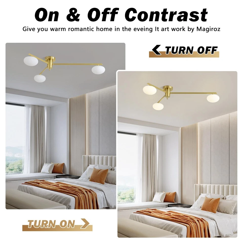 Lámpara de techo Sputnik de montaje empotrado de 3 luces, lámpara de araña de latón dorado centro... Foto 2 de 4