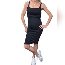 ZARA TRF Black Fitted Midi Dress Square Neck Stretch Slit S