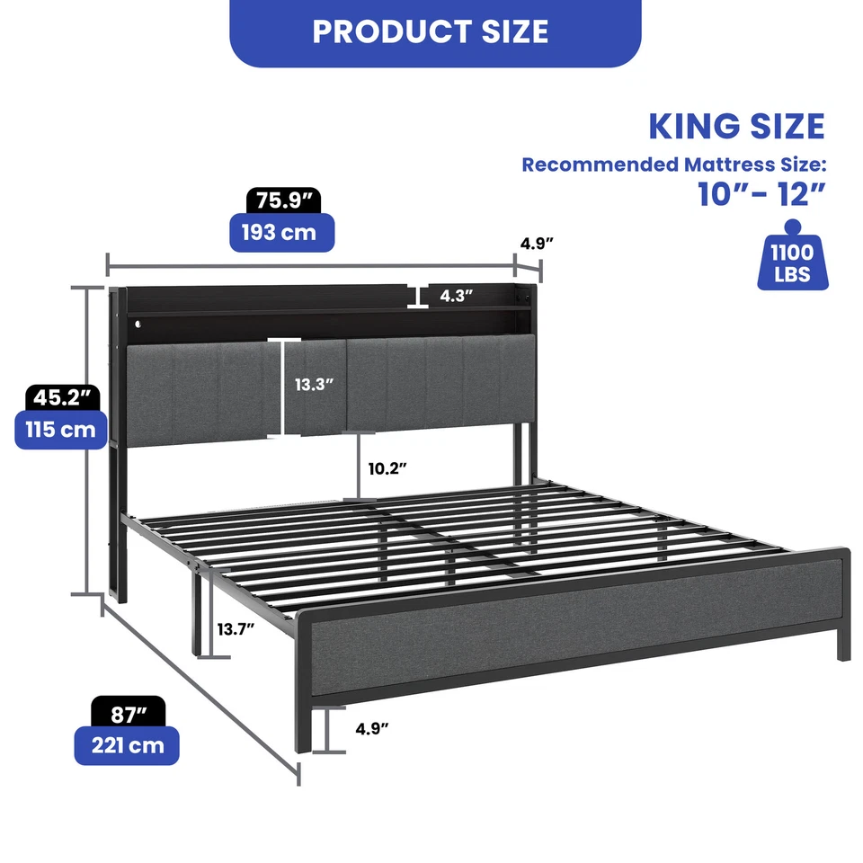 Marco de cama LED tamaño king con cabecero tapizado oculto estación de carga de almacenamiento Foto 2 de 4