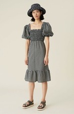 Ganni Seersucker Check Smocked Dress - Black