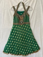 Y2K Vintage Sleeveless Strap V Neck w/ Embellishment Green Flare Midi Dress Sz 2
