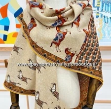 Sallys 70% Cashmere & 30% Silk Wrap Scarf Horses Print Double Face Shawl 53"