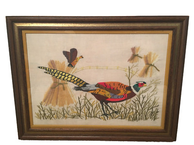 Unbranded Vtg. 1970's Multi-Colored Ring-Necked Pheasant Needlepoint Framed Art