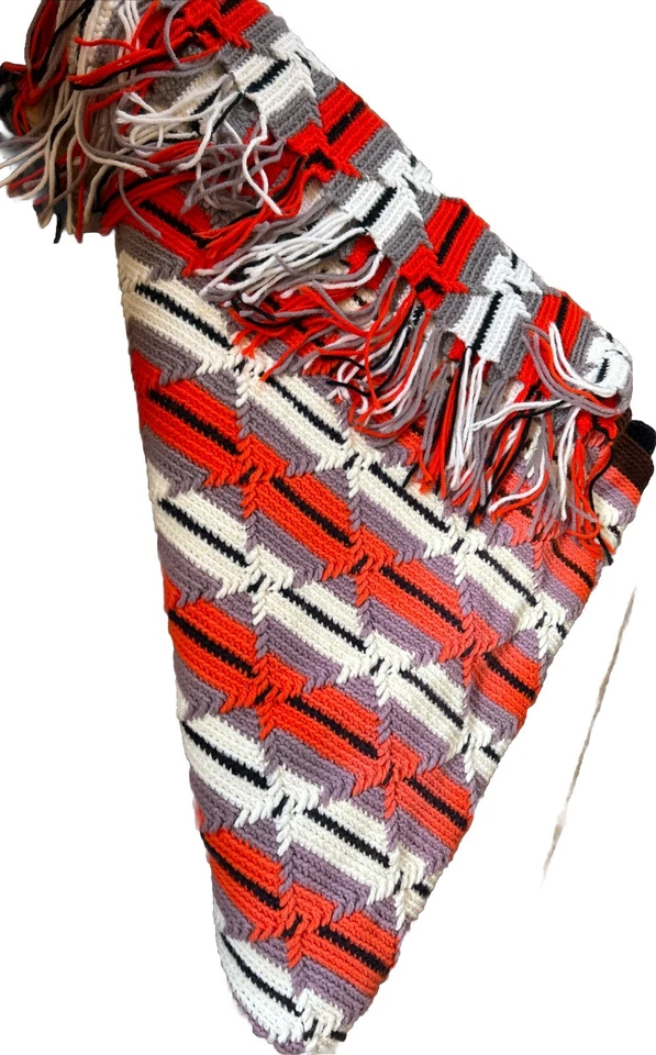 VINTAGE Blanket Throw 50” x 66” Handmade Orange Black Gray Fringe Stripe Diamond - Image 4 of 4