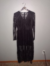 Womens Lace Midi Dress Large Black Sheer Witch Fairy Emo Long Sleeve V
