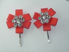 VINTAGE RED RIBBON  RHINESTONE BOBBY PINS HAIR PINS UP DO HAIR ACCESSORY