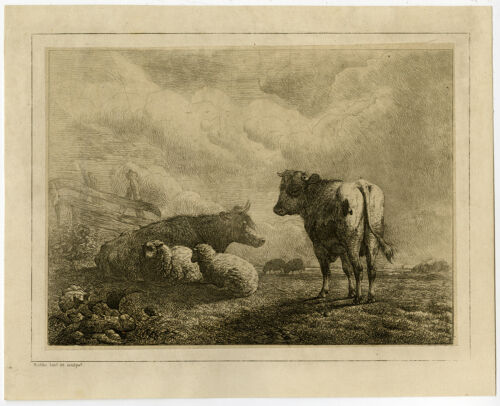 Antique Master Print-LANDSCAPE-ANIMAL-COW-SHEEP-Robbe-1868 - Picture 1 of 1