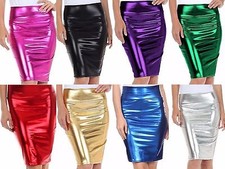 Women Ladies Metallic Shiny Wet Look High Waist Disco Party Pencil Midi Skirt
