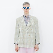 90's Vintage Petite Mademoiselle plaid double breasted blazer in pastel yellow