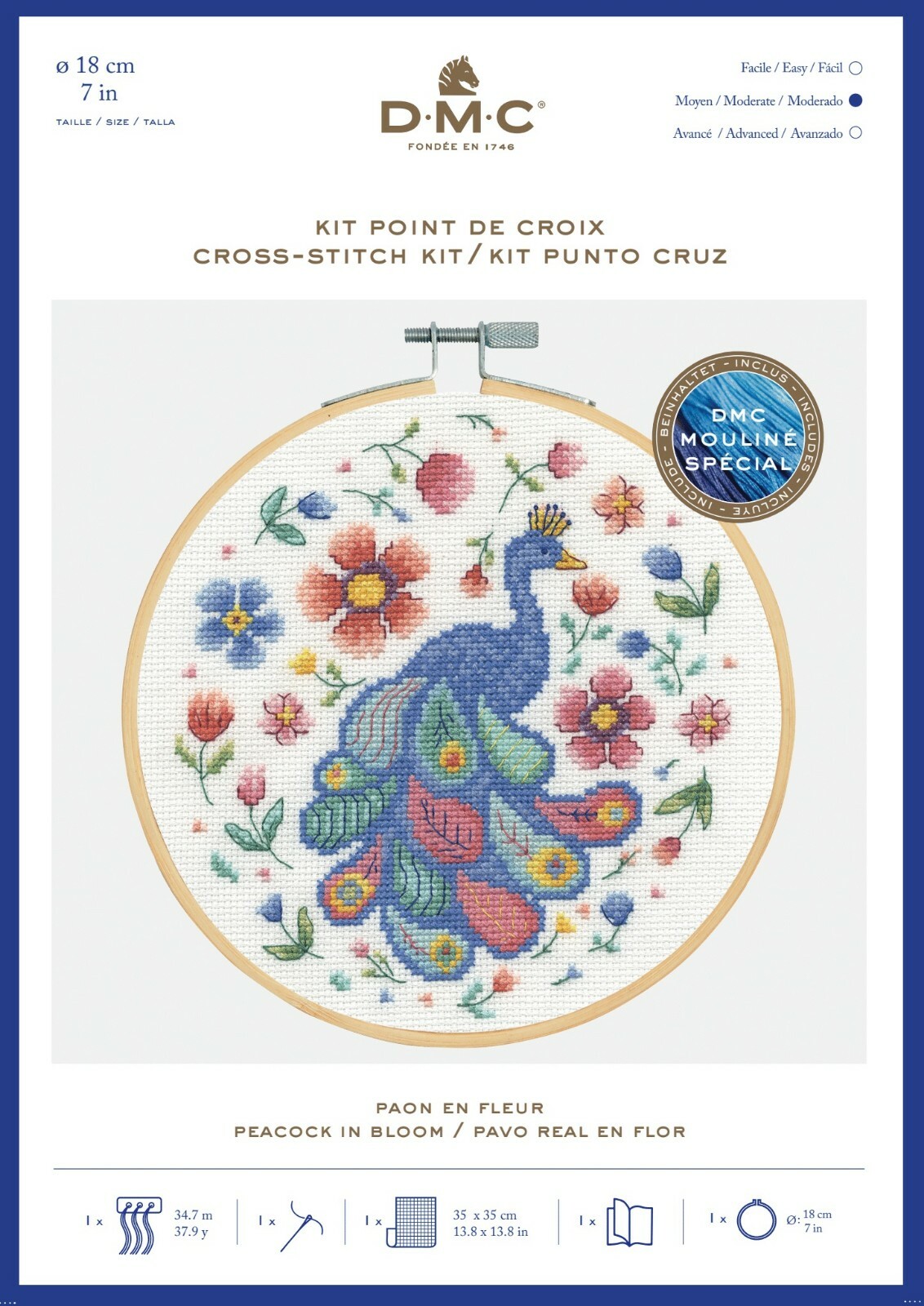 DMC BK1930 Peacock in Bloom Cross Stitch Kit with embroidery hoop