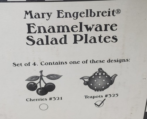 Vtg Mary Engelbreit Enamel Teapot Plate Set 4 Salad Dessert Plates Box New - Picture 5 of 12