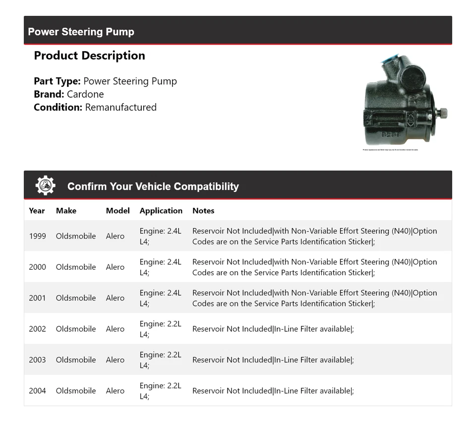 Bomba de dirección asistida Cardone para Oldsmobile Alero 1999-2004 2000 2001 2002 2003 Foto 2 de 4