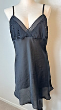 Vintage Dentelle Poly Nightgown Size Medium Slip Black Beaded  see Photos NG36