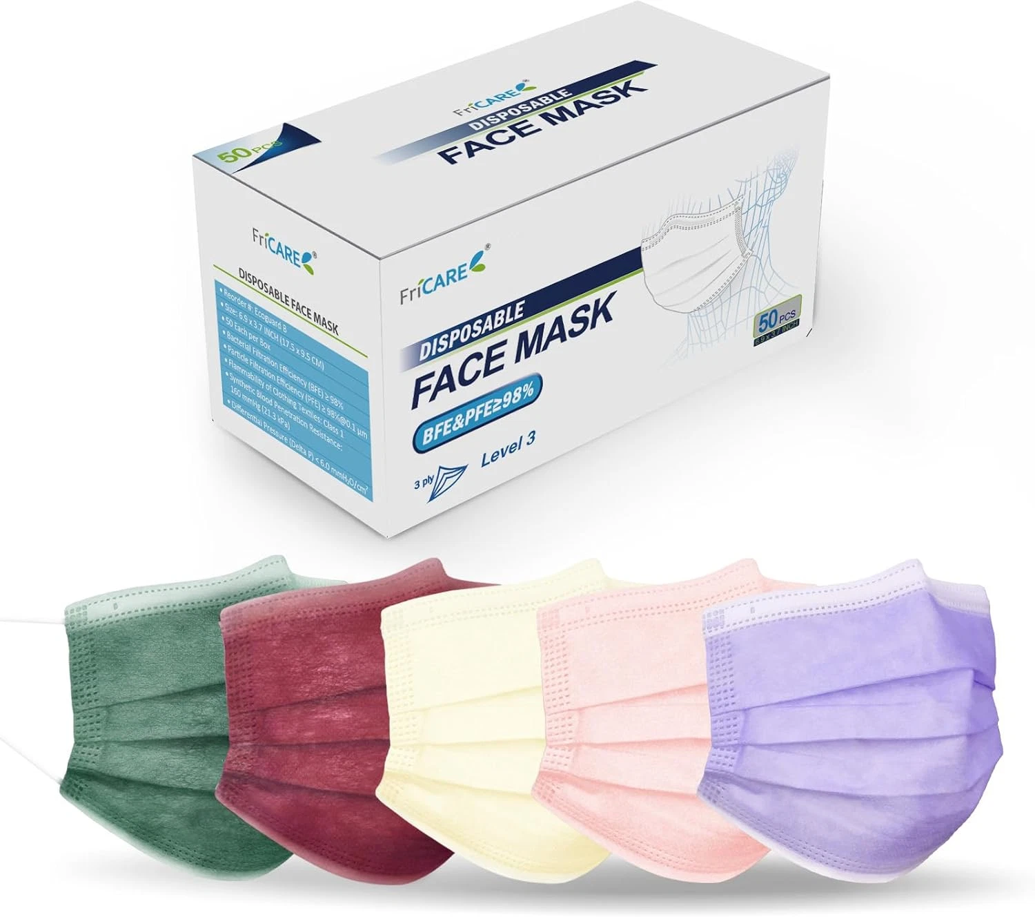 Fricare Disposable Face Masks, 3-Ply ASTM Level 3 Medical Grade, FSA/HSA Eligibl