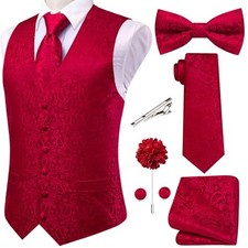 Hi-Tie Men's Silk Vest Bowtie Set Formal Jacquard Suit Vest Tie 5PCS Small