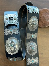 Native American Stamped Sterling Turquoise Vintage Concho Belt Navajo Leather