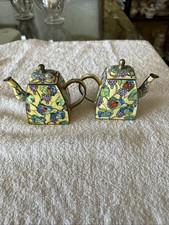 2 Enamel Mini Teapots Yellow With Grapes and Ladybugs.