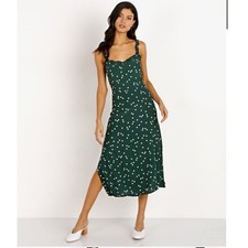 Faithfull The Brand Gizele Green Polka Dot Midi Dress Tie Back Cutout Ruffle 8 L