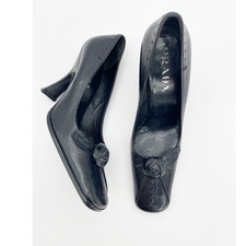 Prada Vintage Y2K Black Leather Rosette Flower Square Toe Heels Pumps IT 39