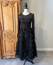 Mac Duggal 26299 Black 2 Long Sleeve Sequin Tiered Tulle Dress *IMPERFECTIONS*