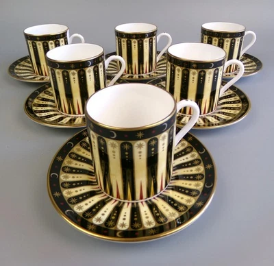 Royal Worcester Coffee Set. 6 Cups. 250th Anniversary Celebration. Black & Gold. - Image 1 of 4