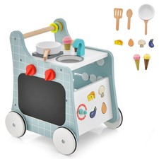 6-in-1 Baby Push Walker Wooden Strollers Learning Activity Center Toy w/ Kitchen