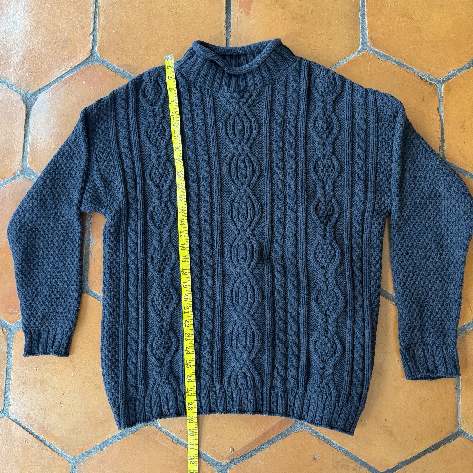 Vintage Womens Chunky Cable Knit Roll Neck Sweater Fisherman Navy Blue Preppy L image 4
