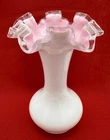 Vtg FENTON 50’s White Milk Glass 8 1/4”H Pink Ruffled Edge And Pink Inside Vase
