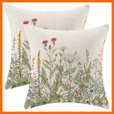 Spring Pillow Covers 18 X 18 Inch Set of 2, Farmhouse Wildflower Green Throw ...