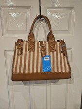 Tan & Cream Stripe Canvas Tote Bag Faux Leather Trim Crossbody