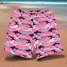 Member's Mark Boys Swim Trunks M 8 Pink/Blue Shark Print UPF 50 Quick Dry