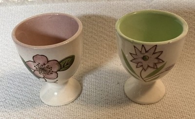 Vintage Mid Century Egg Cups~ Set of Two~ Hand Painted Pastel Spring Flowers