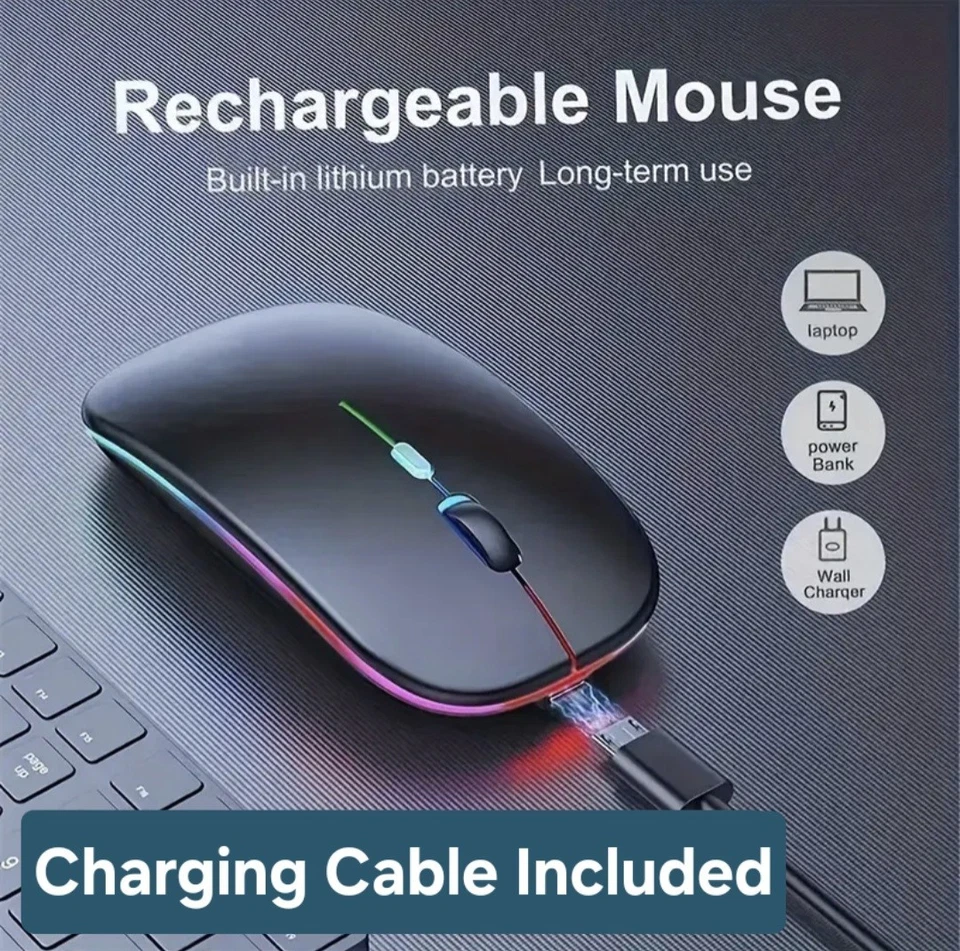 RGB LED Wireless Mouse Rechargeable Silent Mice USB PC Laptop Type C Black - Image 2 of 4