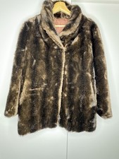 Vintage Faux Fur Coat 46 Brown Shawl Collar Mid-Length With Pockets
