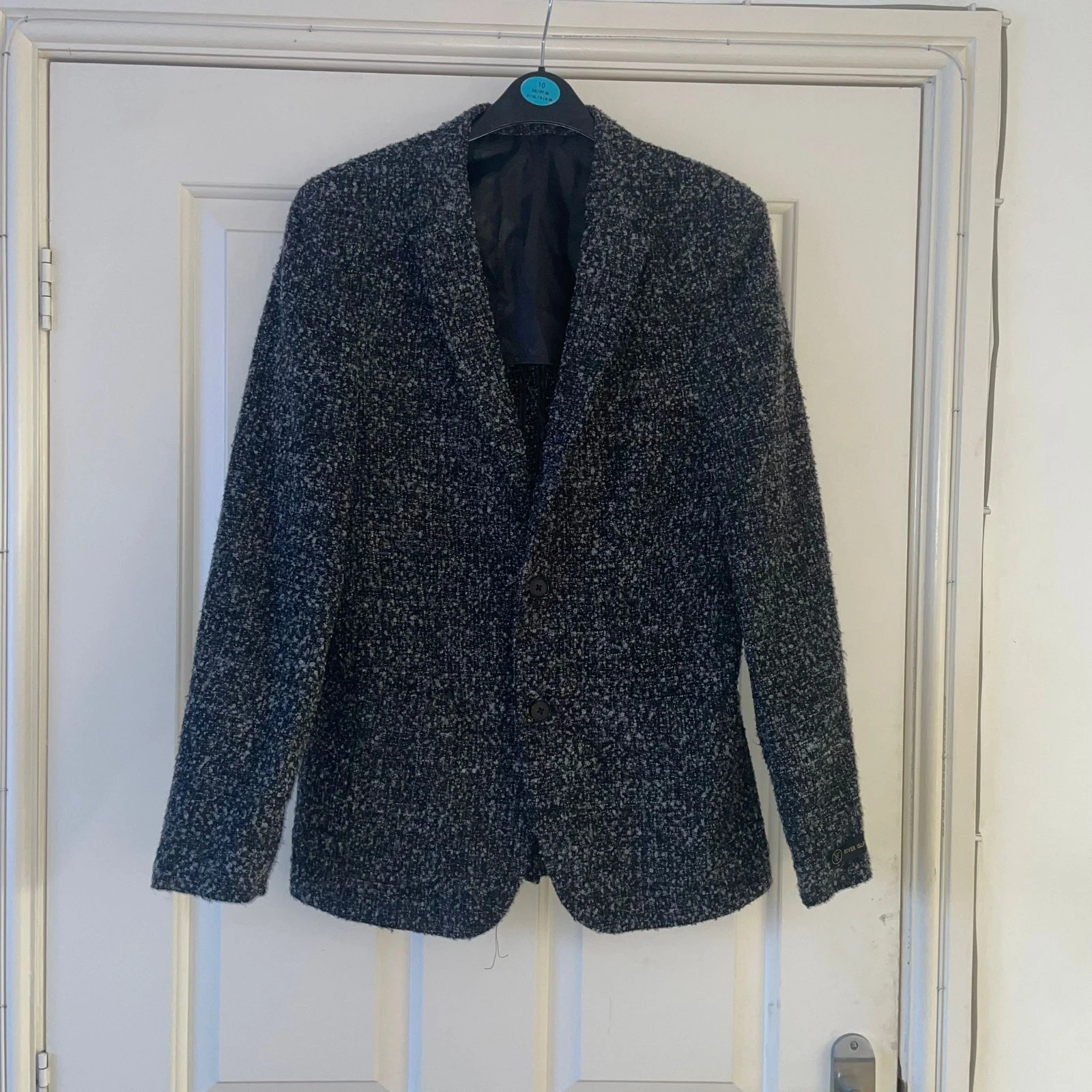 River Island Men’s Black Grey Boucle Wool Blend Smart Button Blazer Jacket 38”
