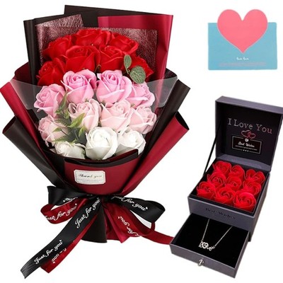 Roses Bouquet Artificial Flower - Preserved Red Rose Flowers with Love Neckla...