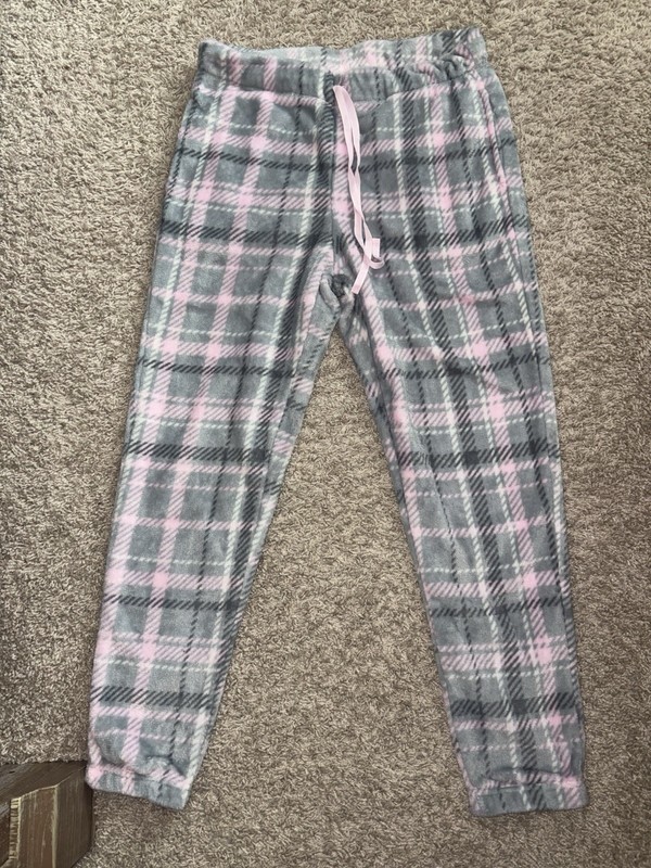 Nandi Girls Fleece Plaid Lounge Pants, Gray/Pink Drawstring, M (8-10)