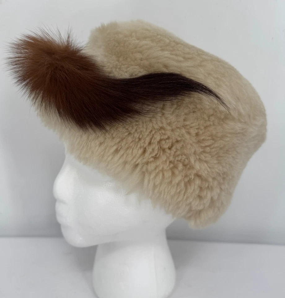 Vintage Beige Shearling Sheepskin Lamb Fur Fox Trim Bucket Cossack Hat Sz S/M - Image 3 of 4