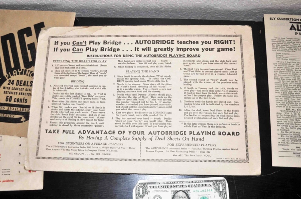 Vintage 1939 AutoBridge Travel Bridge Game. w/Game Sheet Packets & Strategies - Image 4 of 4