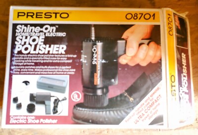 vintage 1989 presto shine on home/travel shoe polishing kit. NIB OPEN BOX. 