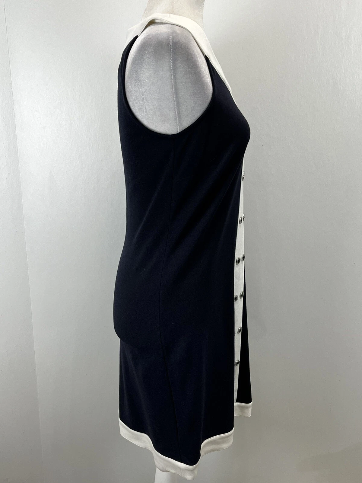 NUOVO! Abito in guaina Michael Kors 6p Petite Navy Finiture Bianco Bottoni Senza Maniche