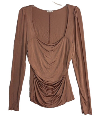 Intimately FP OB1251780 Blouse Sz XL Brown Wind Down Ruched Square Scoop Neck